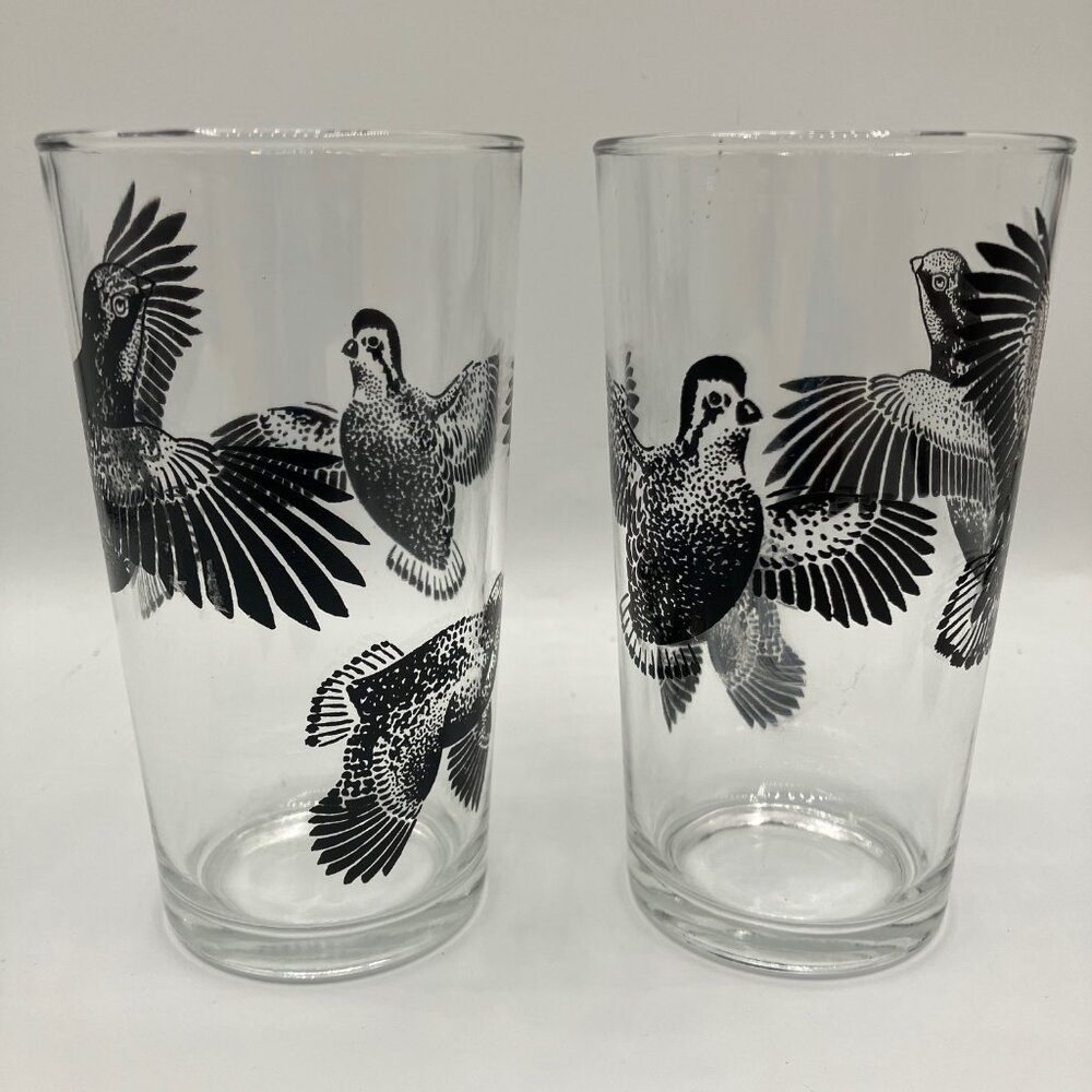 Pair of Vintage Libby Glass Tumblers Quail Monochrome‎ Black Design 5"Hx3"D MCM